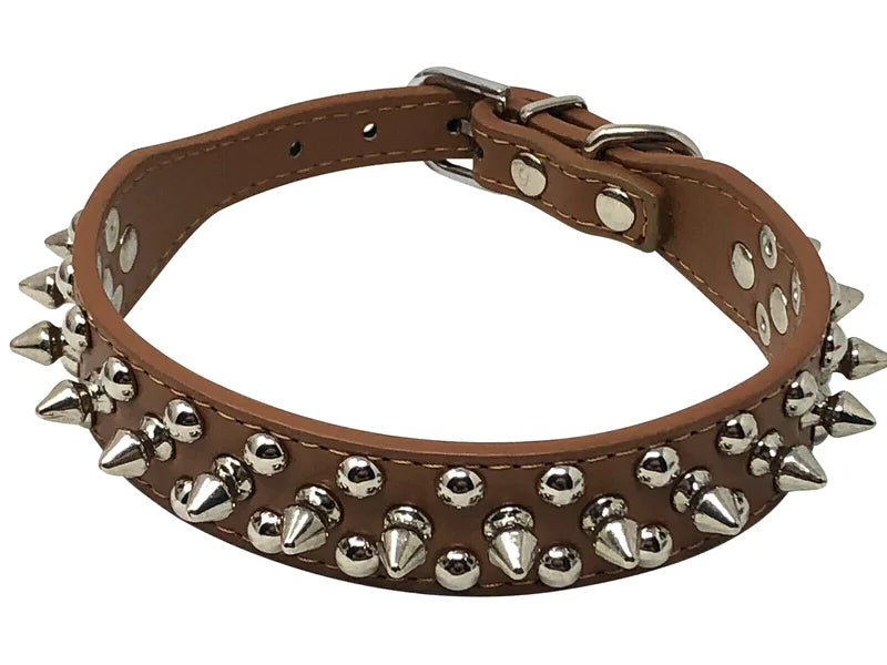 Adjustable Faux Leather Dog Collar With Studded Spikes And Rivets