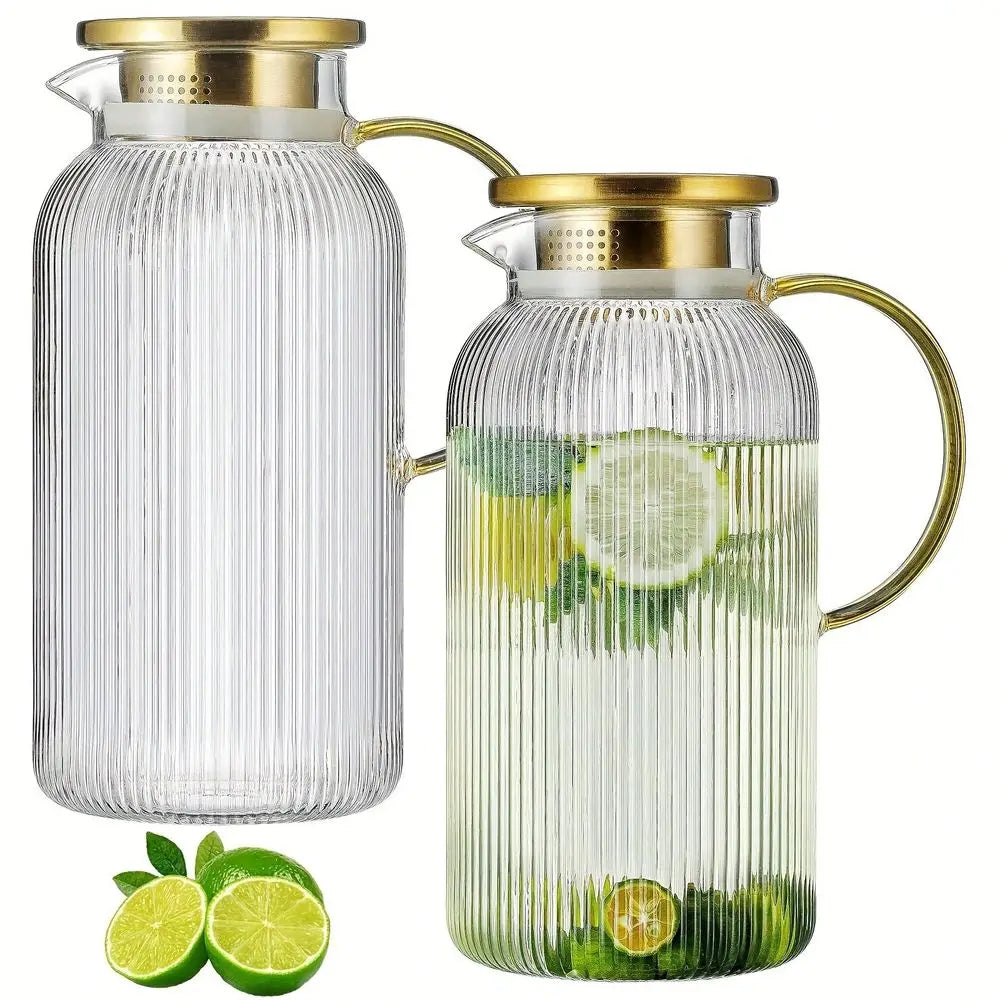 Glass Pitcher Set With Lid, 68oz Classic Vertical Stripes Water Pitcher, For Cold Brew, Coffee, Lemonade, Iced Sun Tea, Beverag