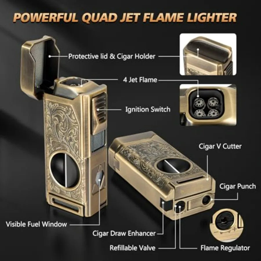 Cigar Lighter, 4 Jet Flame Torch Lighter, Refillable Butane Lighter with Cigar Cutter V Cut Cigar Punch Cigar Holder Cigar Draw