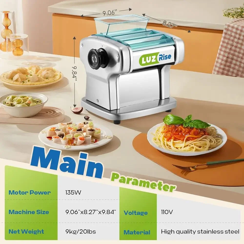 Electric Pasta Maker Automatic Noodle hine resh Pasta Dough Roller StainlSteel(2 Blades or 2.5mm Round&4mm lat Noodle,9 ThicknSe
