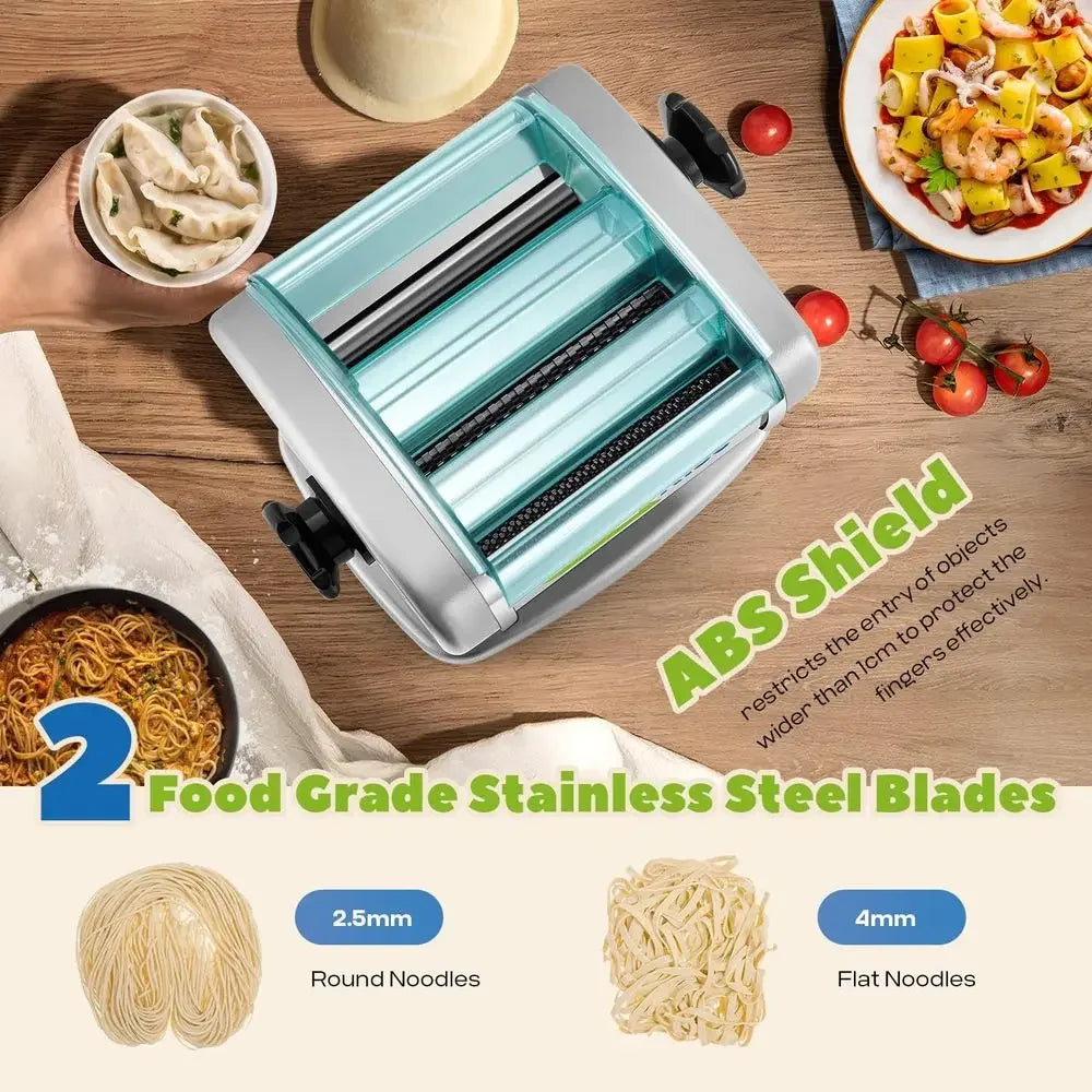 Electric Pasta Maker Automatic Noodle hine resh Pasta Dough Roller StainlSteel(2 Blades or 2.5mm Round&4mm lat Noodle,9 ThicknSe