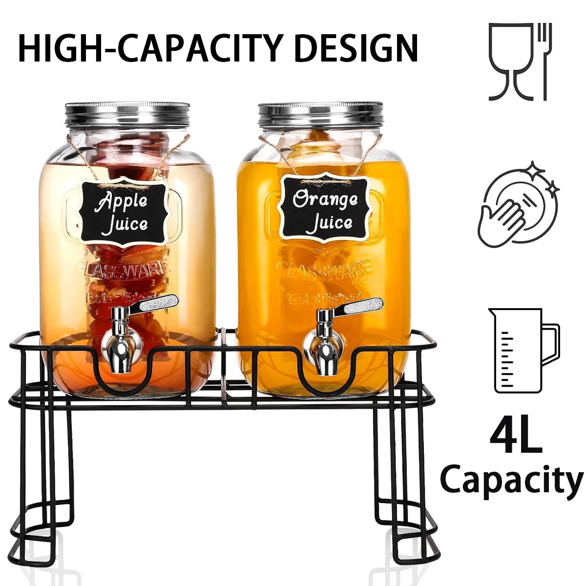 Two Pack Glass Drink Dispensers With Stand And Stainless Steel Faucet
