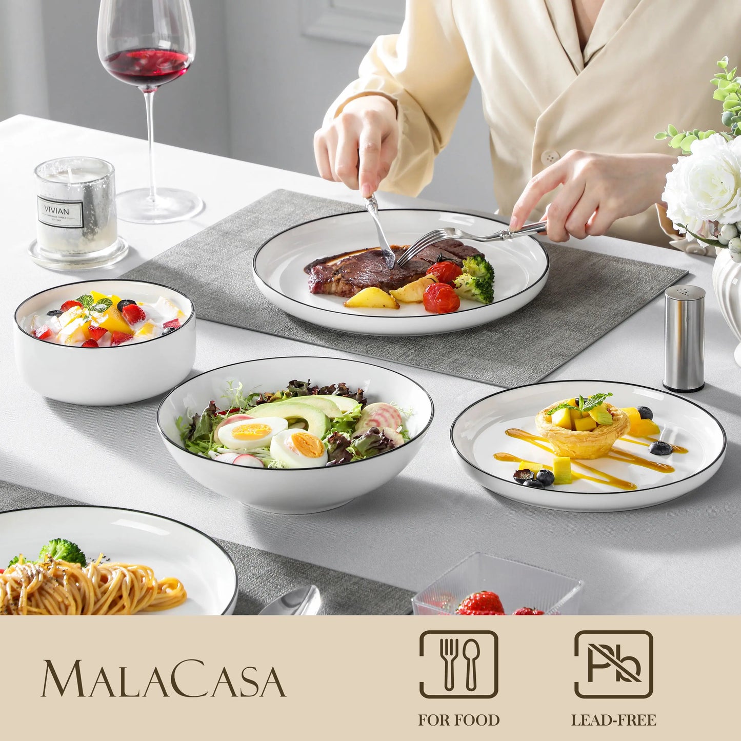 MALACASA 24/48Piece Ceramic Plates Black Rim Porcelain Dinnerware Set  6/12 Pcs Dinner/Soup/Dessert Plates/Bowl Service for 6/12