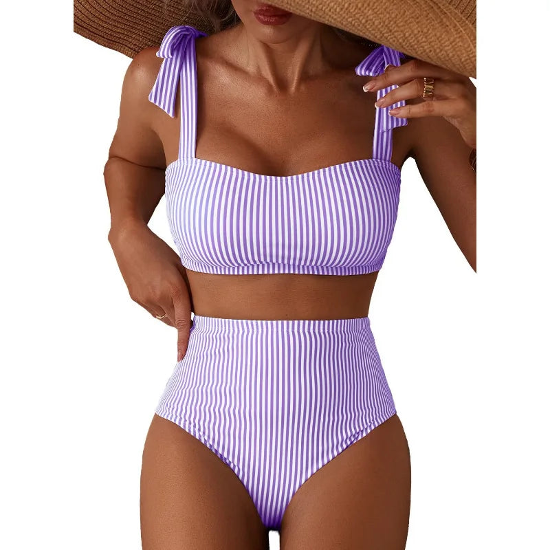 Women's 2026 Two Piece Bikini Set Striped High Waist Tie Shoulder Swimsuit Summer Beachwear
