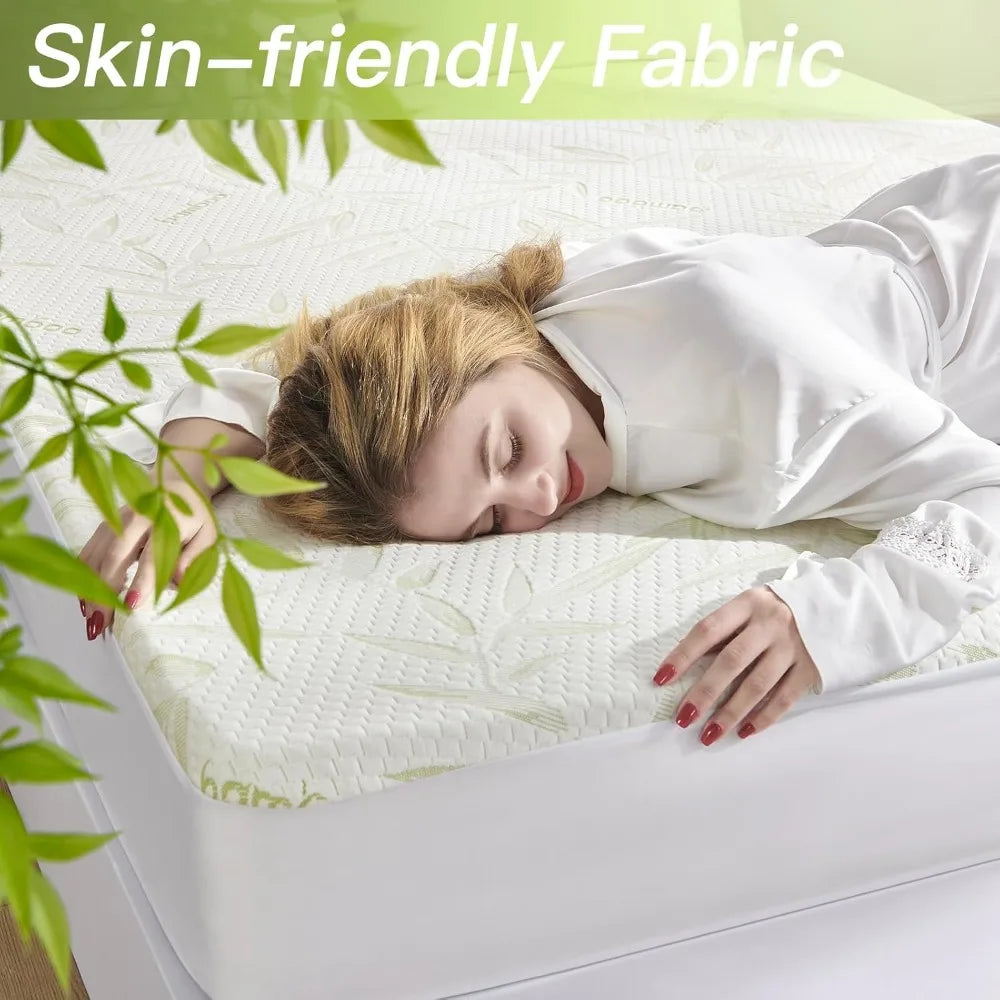 Rayon Bamboo Queen Size Mattress Protector, Waterproof Queen Mattress Pad | 16" Deep Pocket Noiseless Cooling Breathable Textured Design for Guest Bed