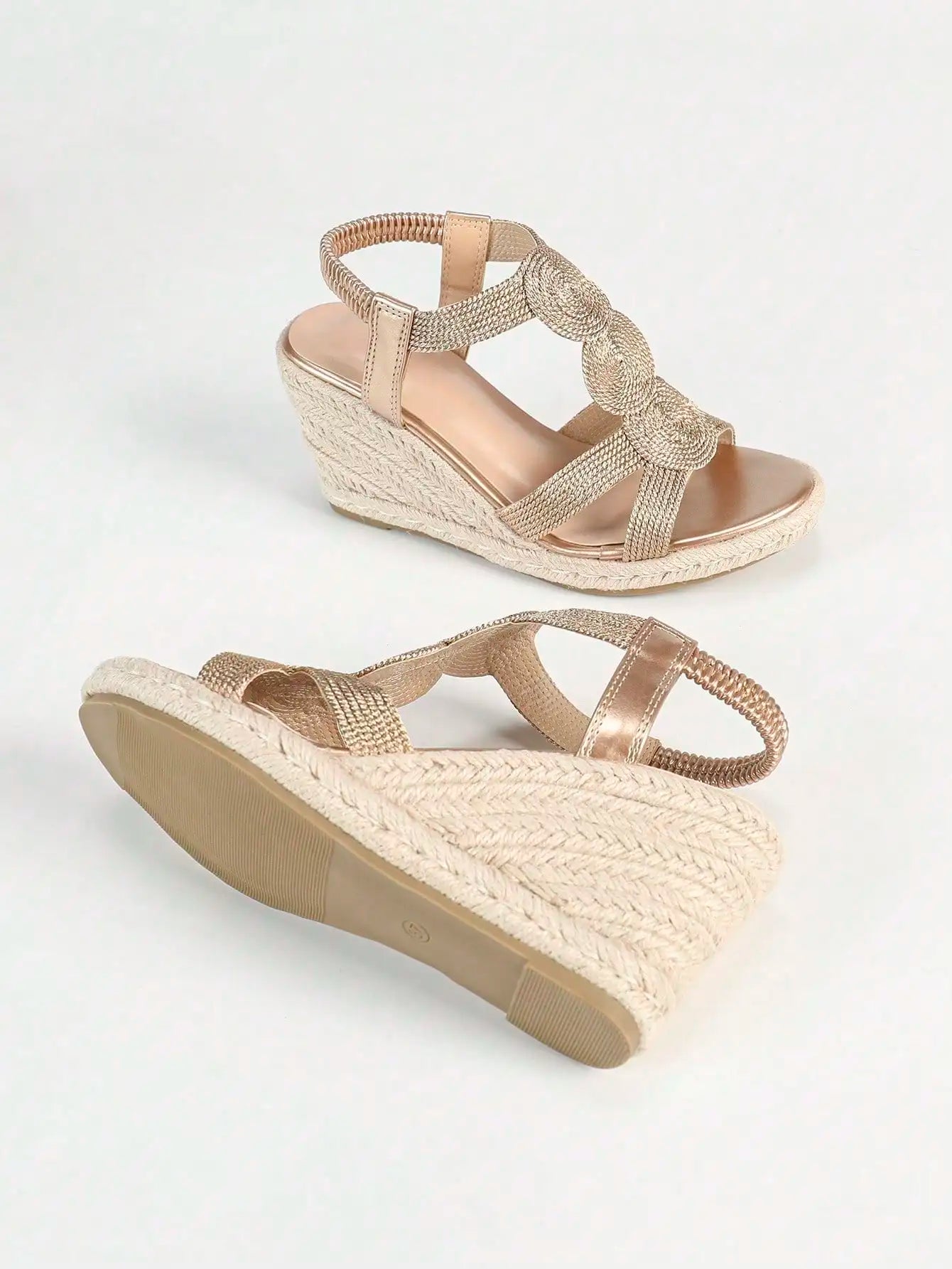 Women's Champagne Espadrille Wedge Sandals, Open Toe Ankle Strap Platform Heels For Summer Vacation Party