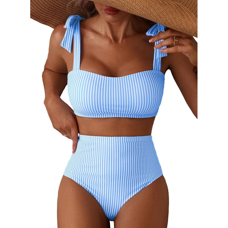Women's 2026 Two Piece Bikini Set Striped High Waist Tie Shoulder Swimsuit Summer Beachwear
