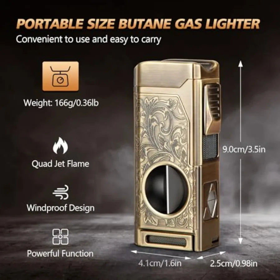 Cigar Lighter, 4 Jet Flame Torch Lighter, Refillable Butane Lighter with Cigar Cutter V Cut Cigar Punch Cigar Holder Cigar Draw