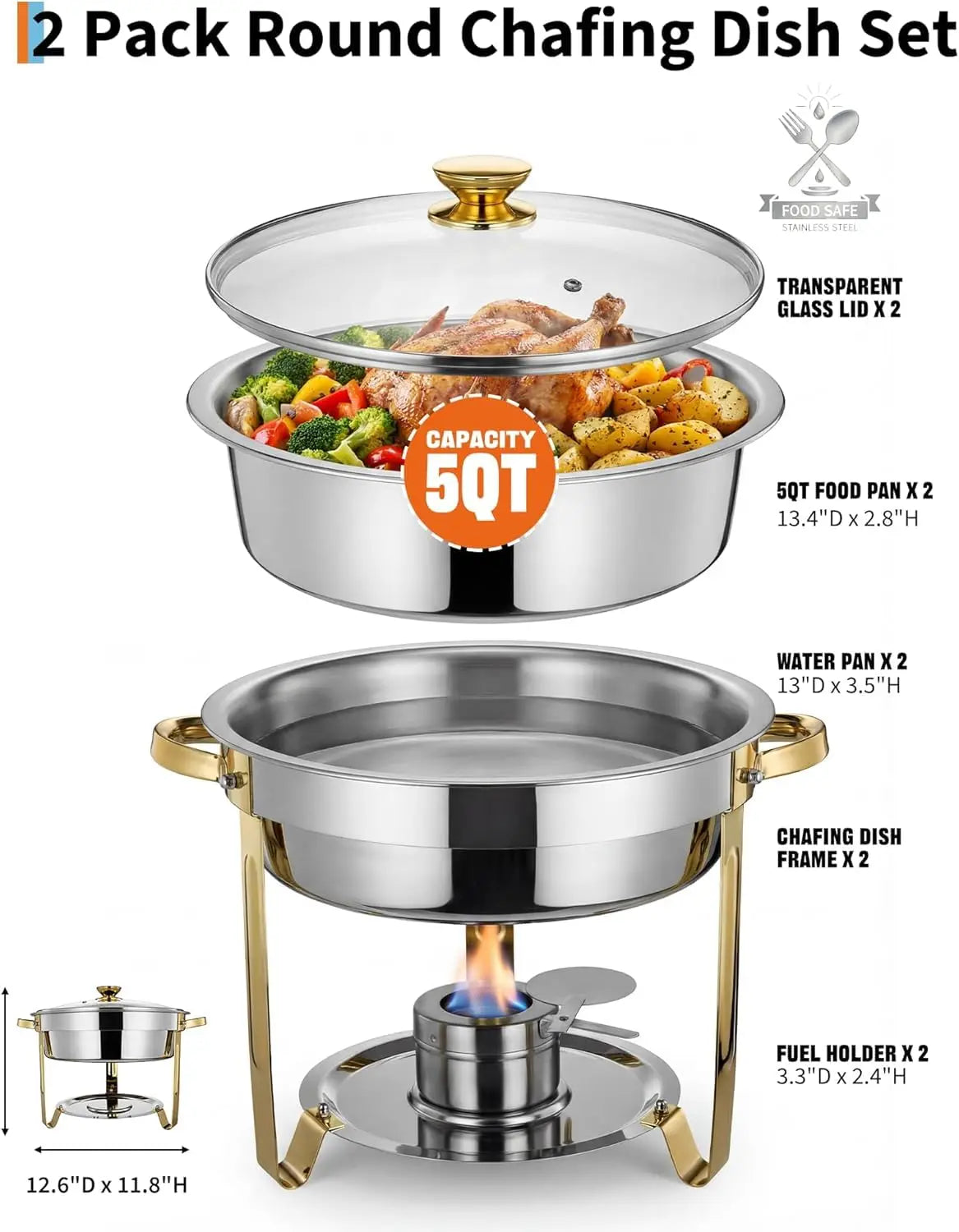 HiMISS Round Chafing Dish Warmer Stainless Steel Buffet Server Lid