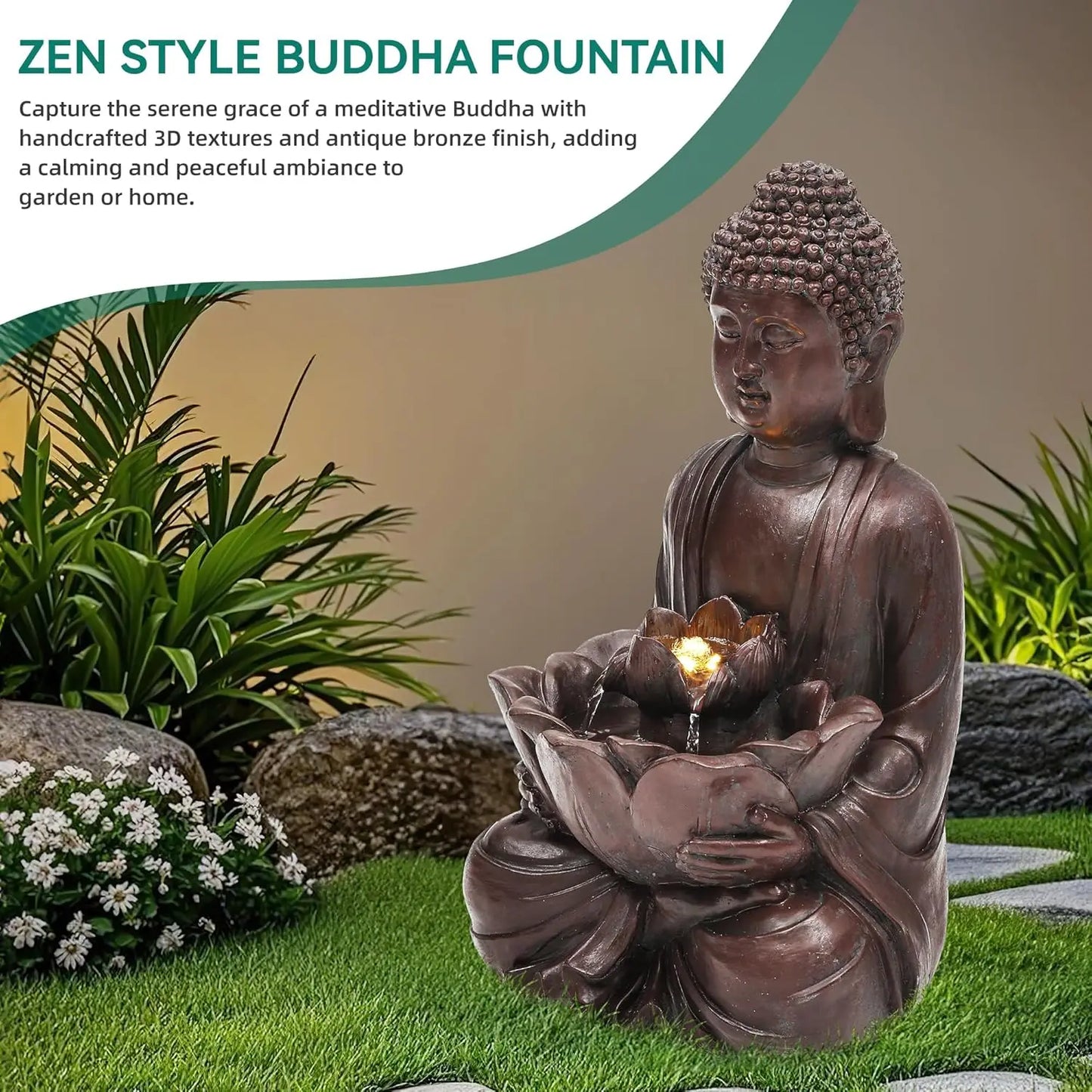 Buddha Outdoor Zen Garden Water Fountain With LED Lights