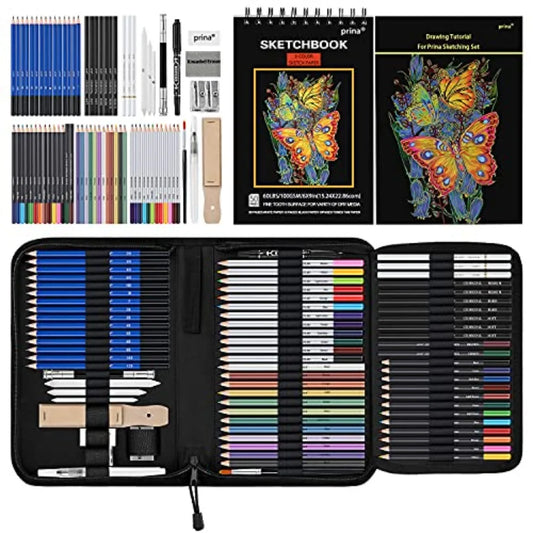 76 Pack Drawing Set Sketching Kit, Pro Art Supplies with 3-Color Sketchbook, Include Tutorial, Colored, Graphite, Charcoal, Wat
