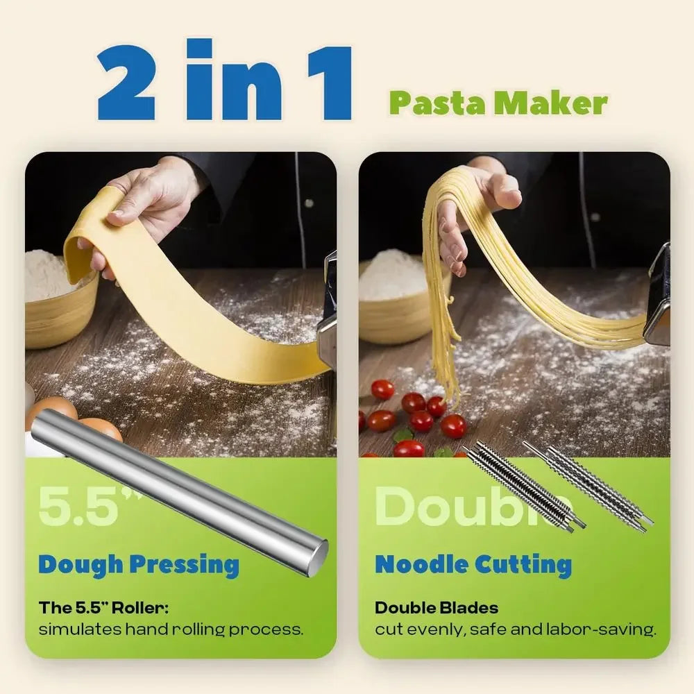 Electric Pasta Maker Automatic Noodle hine resh Pasta Dough Roller StainlSteel(2 Blades or 2.5mm Round&4mm lat Noodle,9 ThicknSe