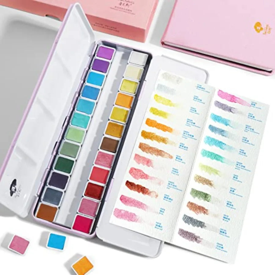 Watercolor Paint Artist Grade 24 Colors, Metallic Glitter Watercolor Paints Set Solid Cakes with Palette and Watercolor Journal