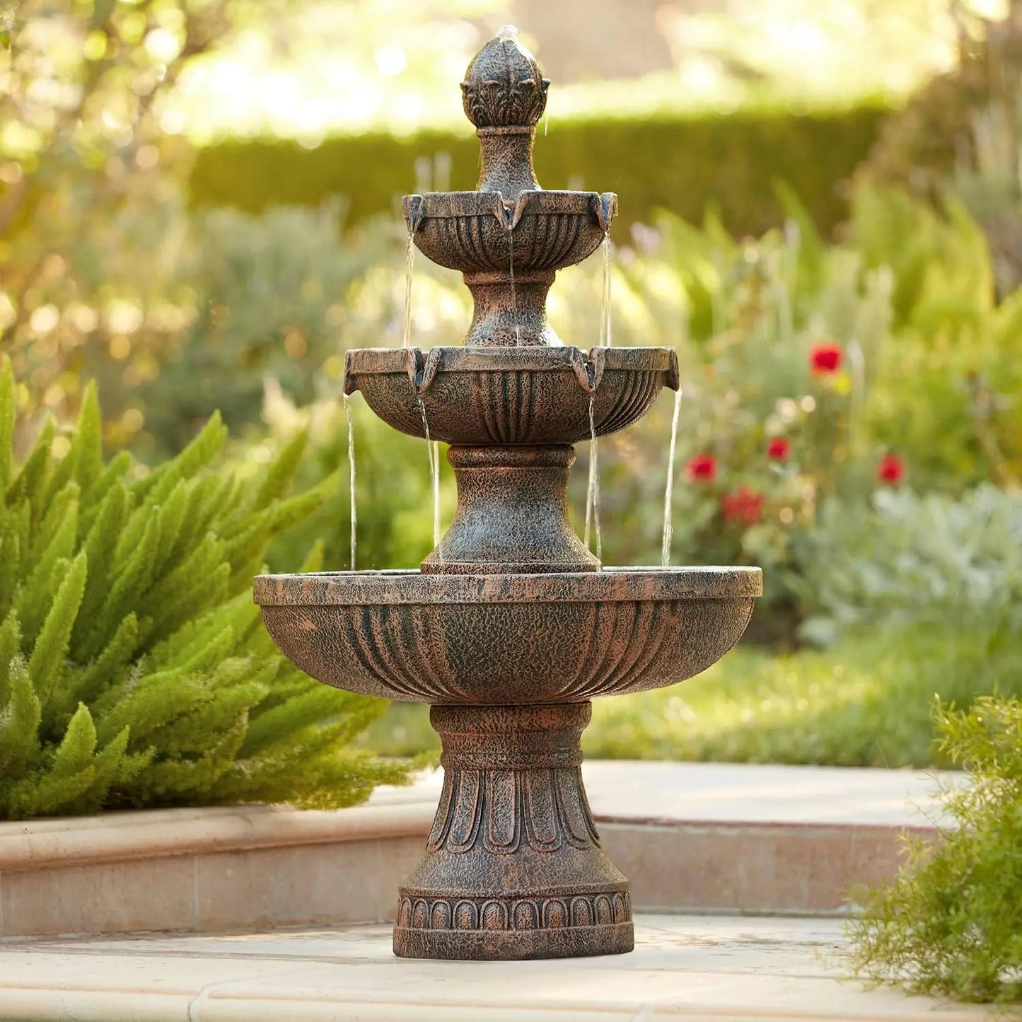 Ravenna 43" High Large Italian Indoor Outdoor Decor Faux Stone Floor Fountain Standing Waterfall 3-Tier Basin Tall Water