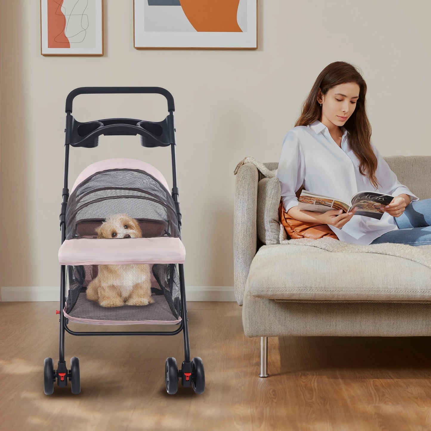 Pale Pinkish Grey Foldable Pet Cart—Carbon Steel/Oxford Cloth 40lbs Load+360°Front Wheels 23.62x13.39x20.87in Basket Rear Brakes