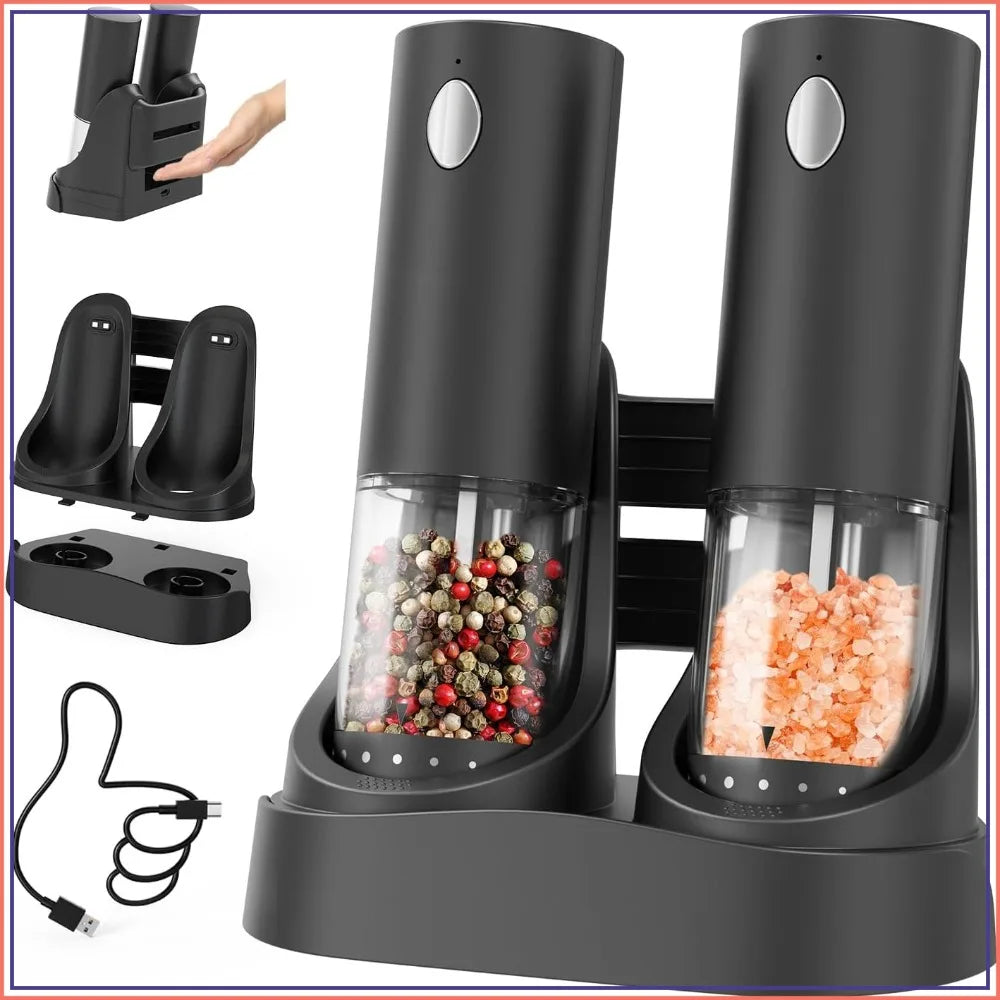 Electric Salt And Pepper Grinder Set With Usb Rechargeable Base And Led Light, Adjustable Coarseness