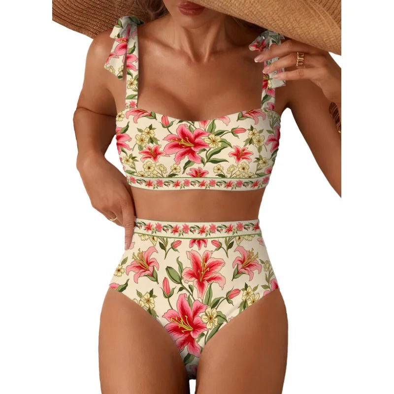 Women's 2026 Two Piece Bikini Set Striped High Waist Tie Shoulder Swimsuit Summer Beachwear