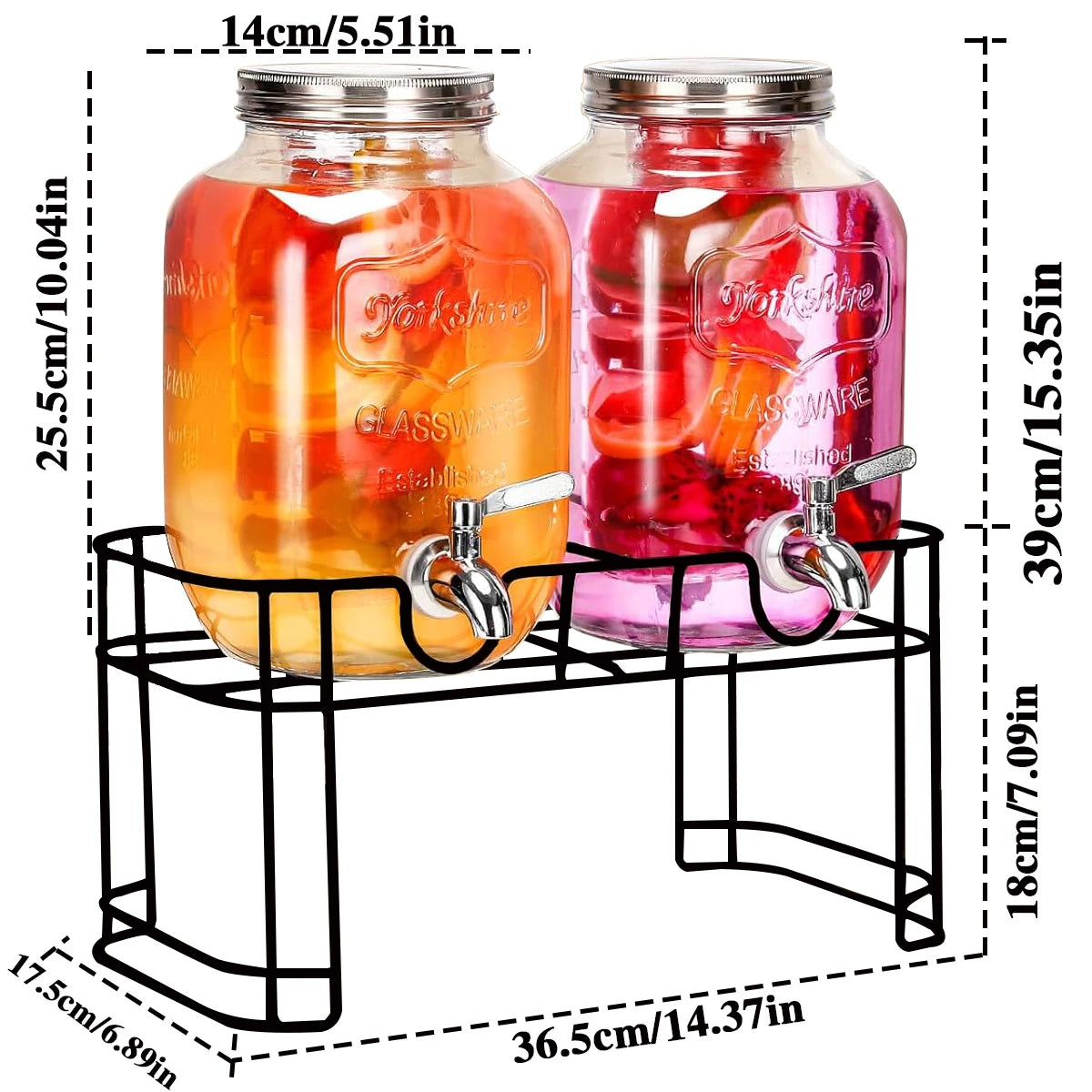 Two Pack Glass Drink Dispensers With Stand And Stainless Steel Faucet