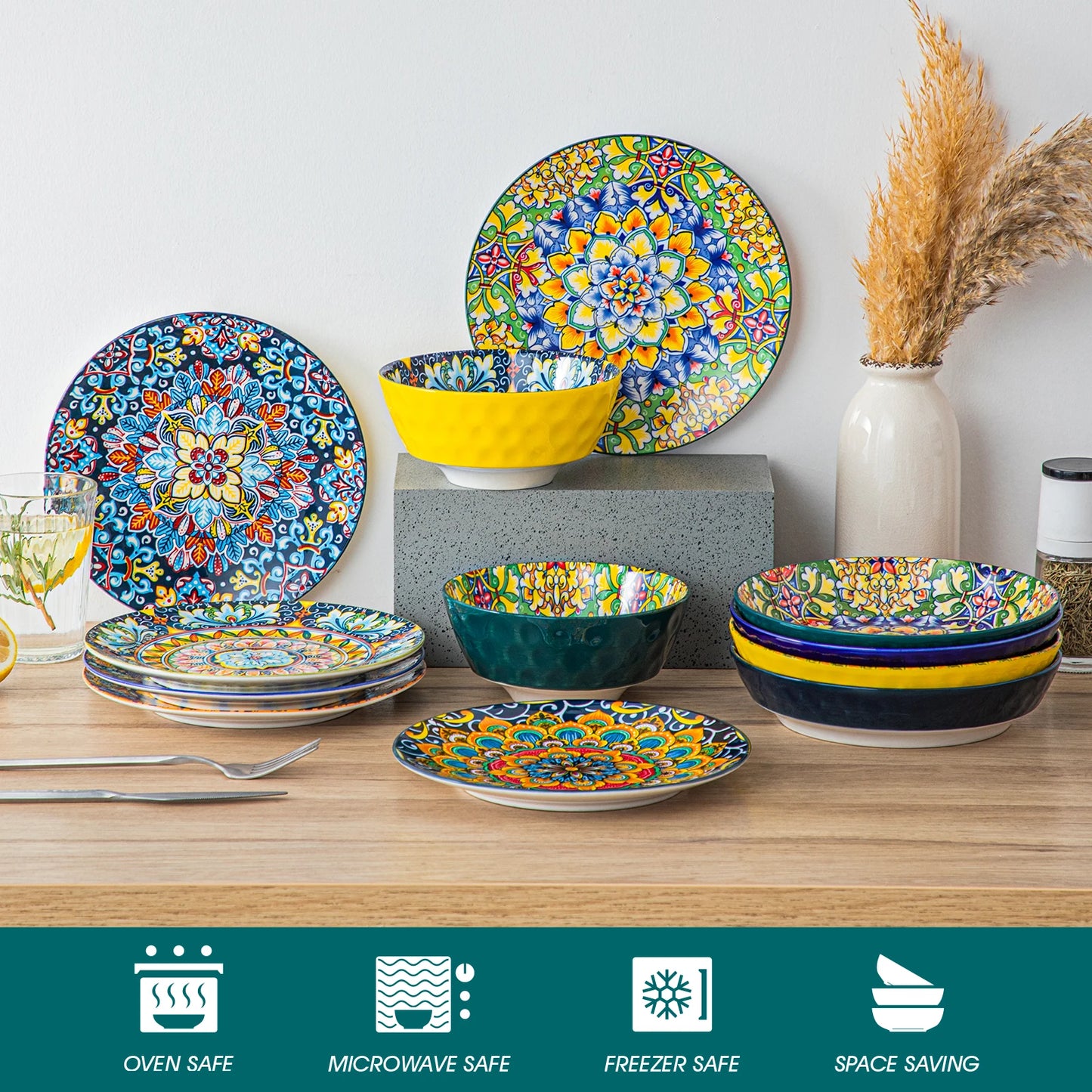 Vancasso 12/16/18/24 Piece Ceramic Dinnerware Set Stoneware Bohemian Style with Dinner/Dessert Plate/Cereal/Pasta Bowl For 6