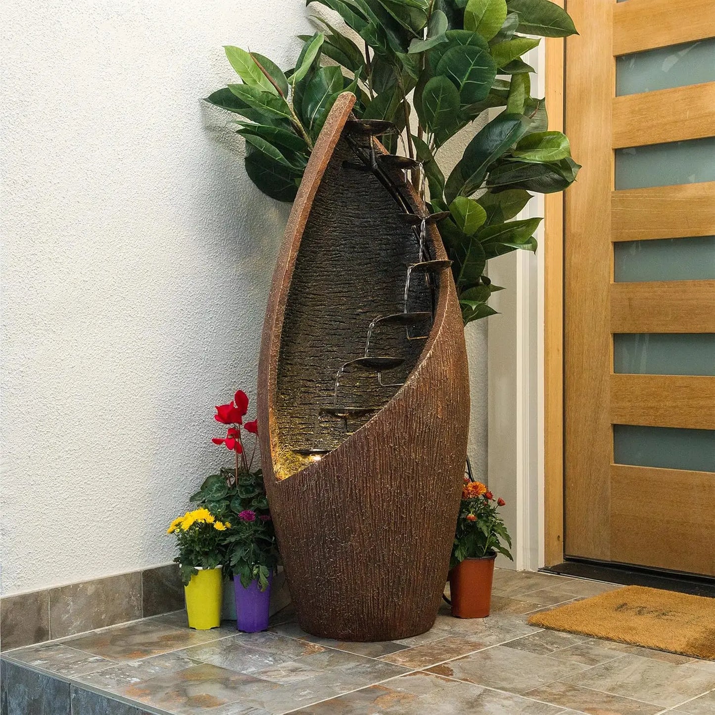 Outdoor Tiered Bronze Metal Water Fountain With LED Lights