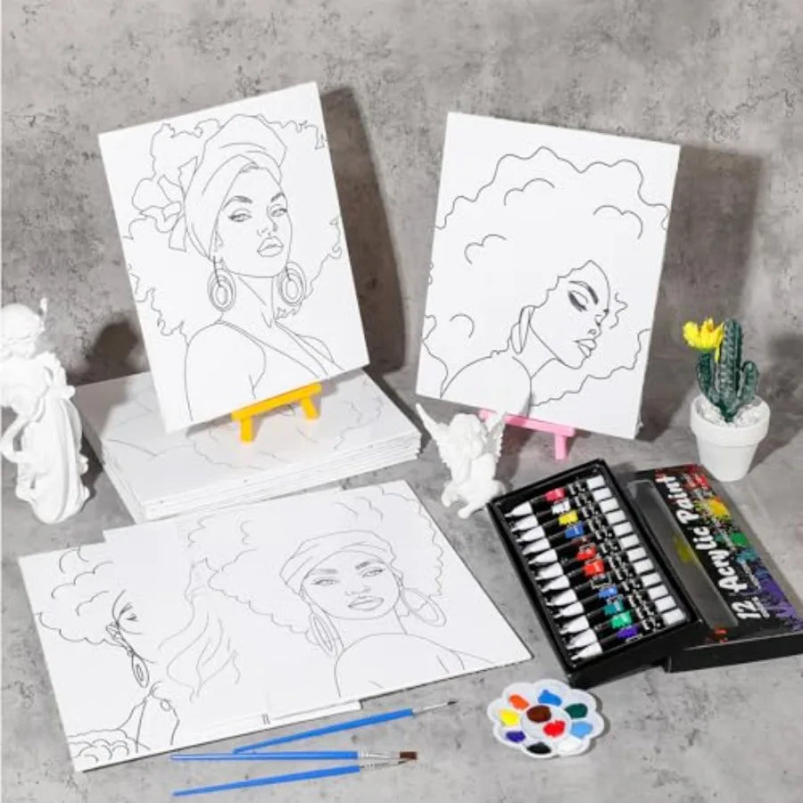 108 Pcs 12 Set Sip and Paint Kit for Adults 8''x10'' Pre Drawn Canvas to Paint DIY Acrylic Painting Kit Pre Printed Canvas for