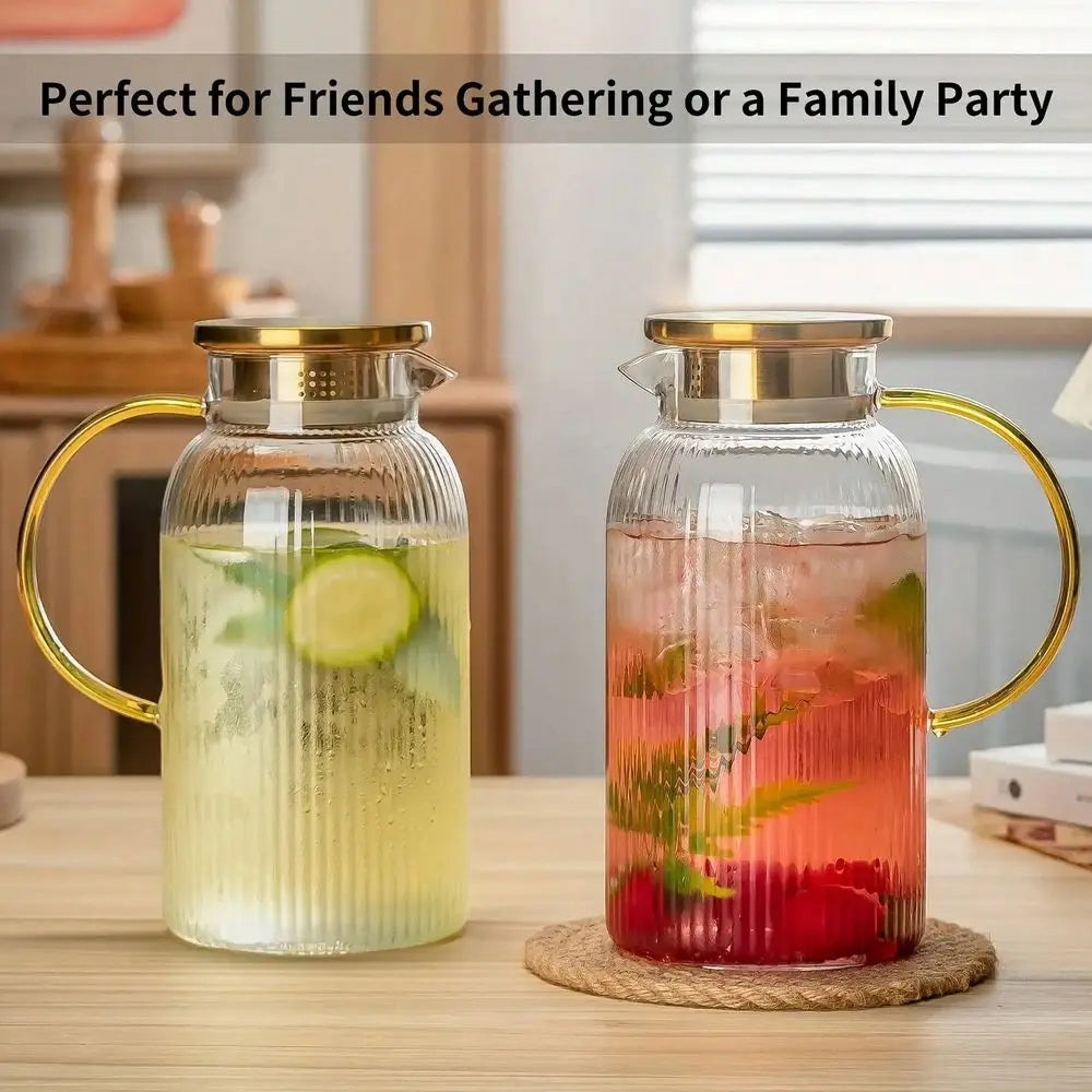 Glass Pitcher Set With Lid, 68oz Classic Vertical Stripes Water Pitcher, For Cold Brew, Coffee, Lemonade, Iced Sun Tea, Beverag