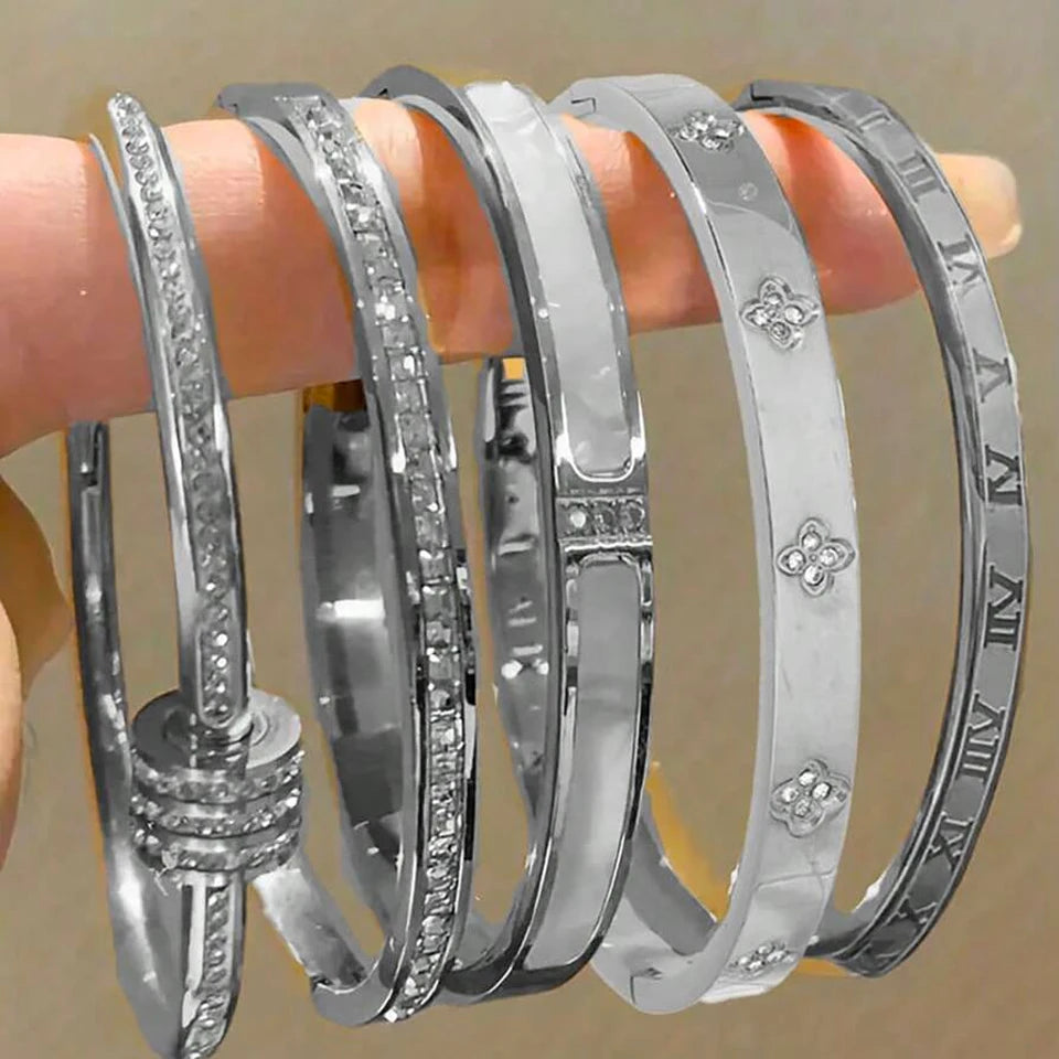 Stainless Steel Cubic Zirconia Stackable Bracelet Set For Women