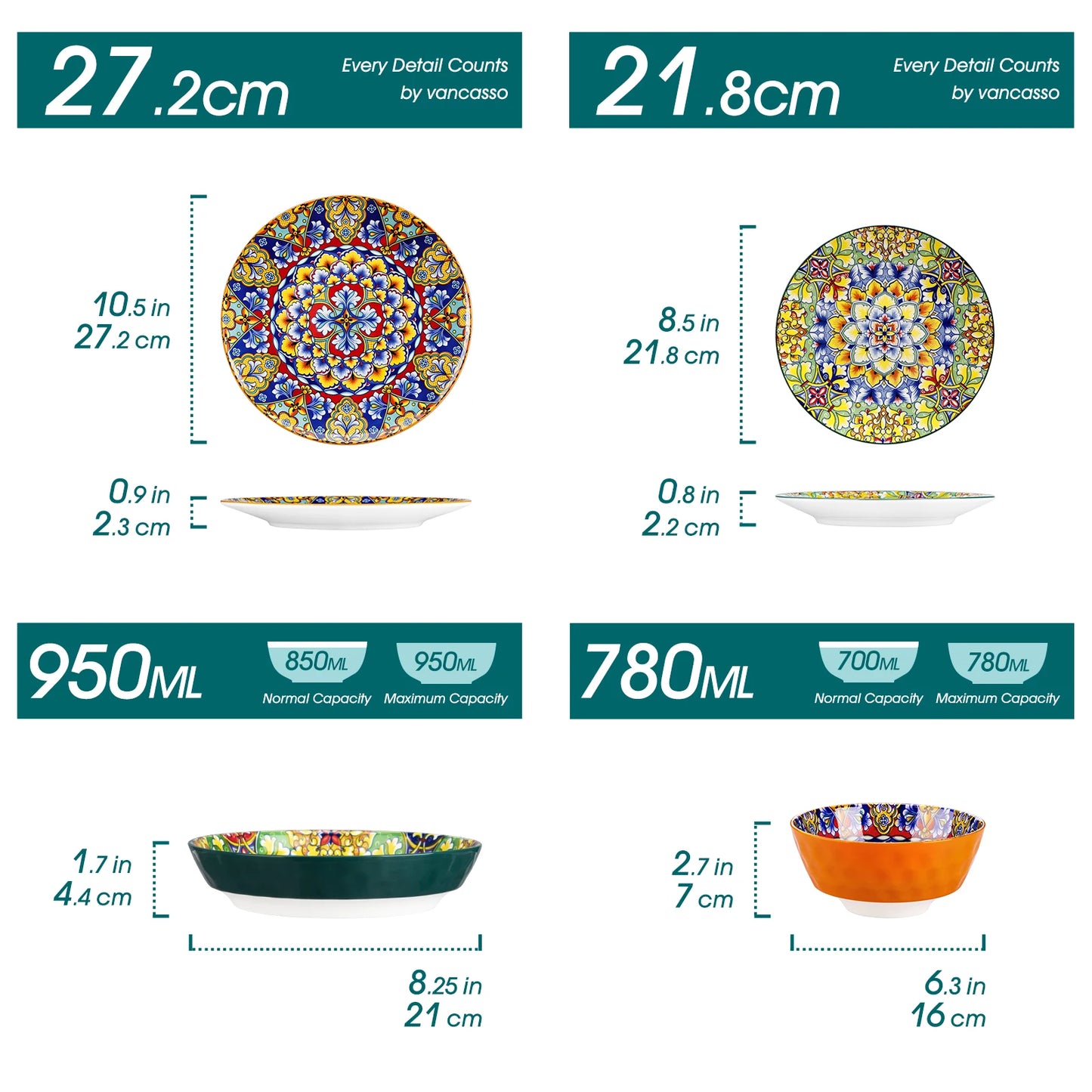 Vancasso 12/16/18/24 Piece Ceramic Dinnerware Set Stoneware Bohemian Style with Dinner/Dessert Plate/Cereal/Pasta Bowl For 6