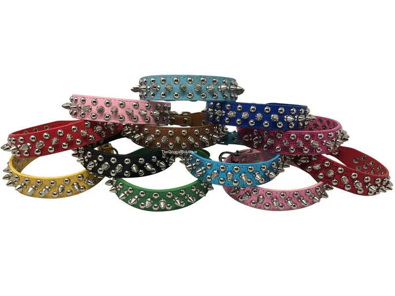 Adjustable Faux Leather Dog Collar With Studded Spikes And Rivets