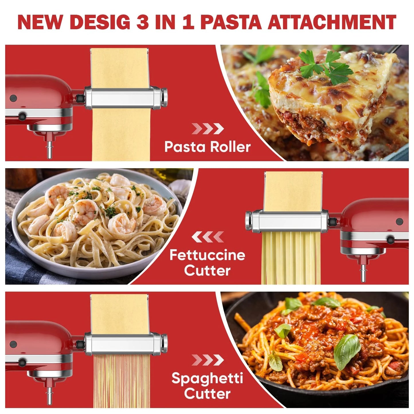 3 in 1 Pasta Attachment for Kitchenaid Stand Mixer Pasta Sheet Roller Spaghetti Cutter Ettuccine Cutter Maker Accessories