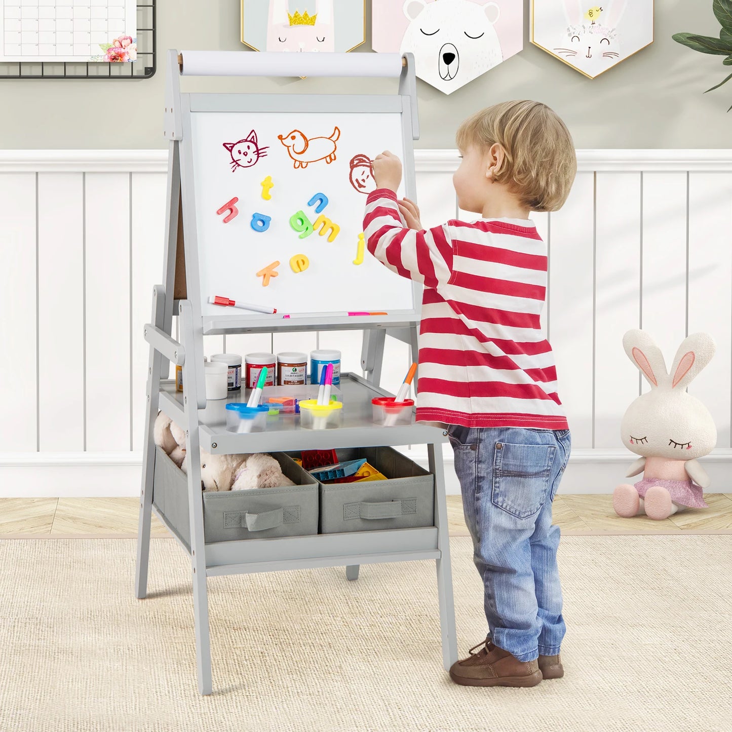 3-in-1 Art Easel for Kids w/ Magnetic Chalkboard & Whiteboard Paper Roll