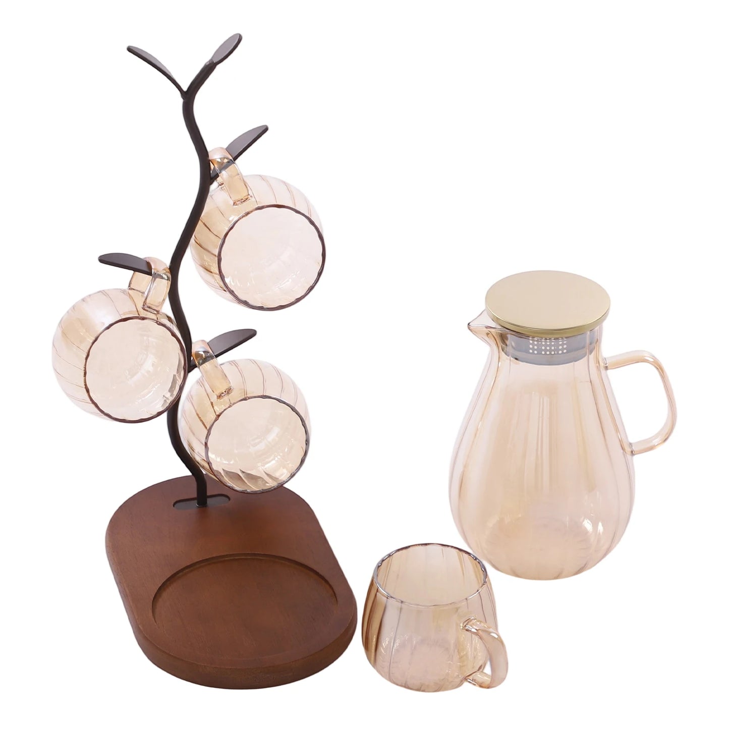 Borosilicate Glass Pitcher Set With 4 Cups And Wooden Rack