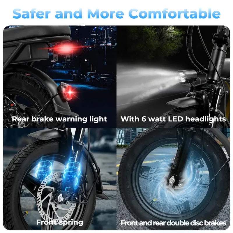Adult and adolescent folding electric bicycles, 14 inch 500W 24MPH 48V 10Ah battery, 3-level pedal assist, 14 inch foldable mini