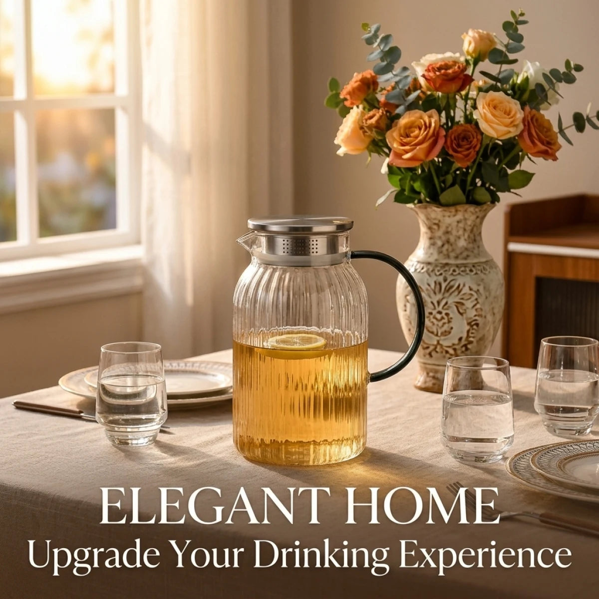 Premium Quality Glass Glacier Cold Water Pitcher,Sturdy Borosilicate Glass Jug for Fruit Tea,Refreshing Drinks–Relax and Enjoy