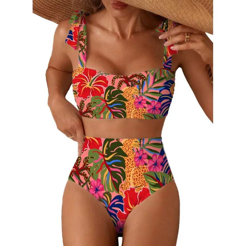 Women's 2026 Two Piece Bikini Set Striped High Waist Tie Shoulder Swimsuit Summer Beachwear