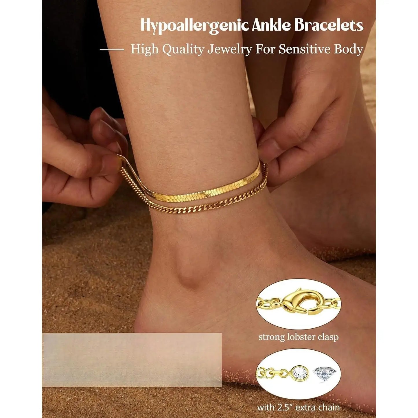 Drperfect Gold Plated Stainless Steel Cuban Link Ankle Bracelets