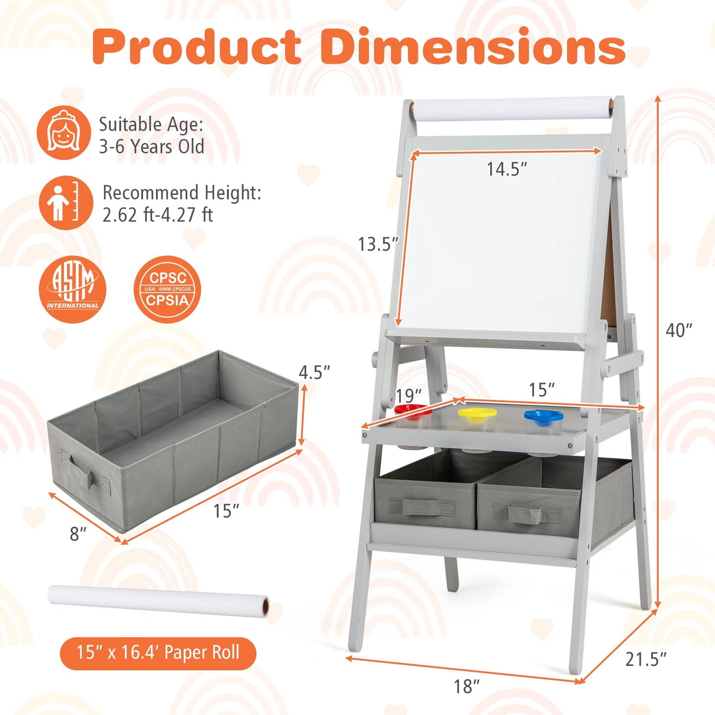 3-in-1 Art Easel for Kids w/ Magnetic Chalkboard & Whiteboard Paper Roll