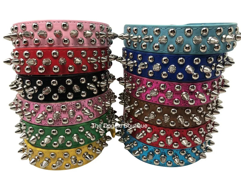 Adjustable Faux Leather Dog Collar With Studded Spikes And Rivets