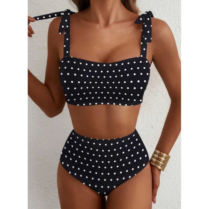 Women's 2026 Two Piece Bikini Set Striped High Waist Tie Shoulder Swimsuit Summer Beachwear