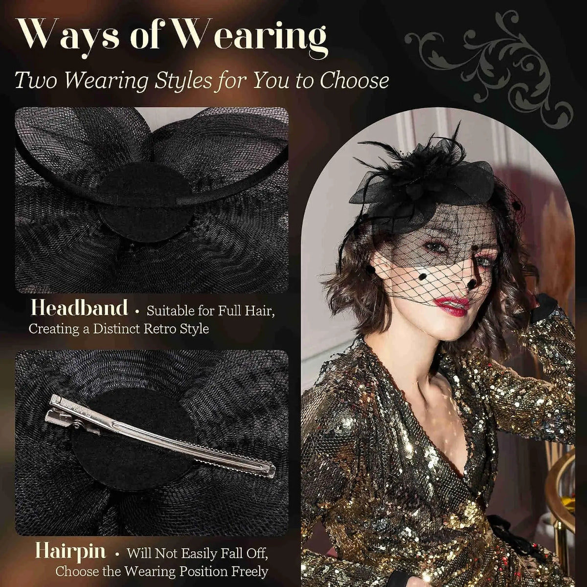 Fascinators Hats For Women Tea Party Hat Feather Mesh Headband Vintage Lace Cocktail Headwear Veil Hair Clip Church