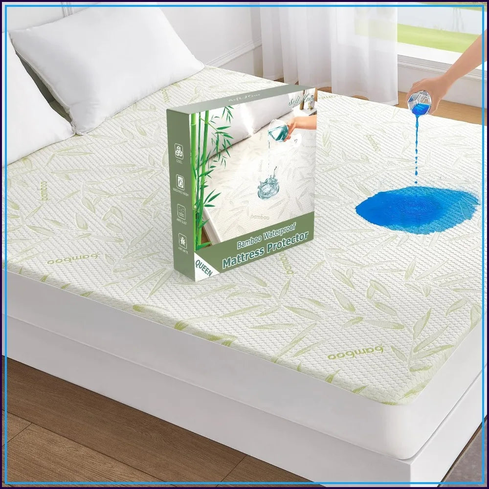 Rayon Bamboo Queen Size Mattress Protector, Waterproof Queen Mattress Pad | 16" Deep Pocket Noiseless Cooling Breathable Textured Design for Guest Bed