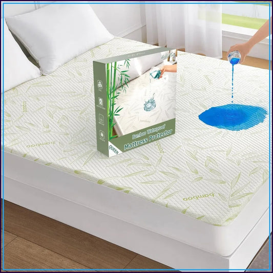 Rayon Bamboo Queen Size Mattress Protector, Waterproof Queen Mattress Pad | 16" Deep Pocket Noiseless Cooling Breathable Textured Design for Guest Bed