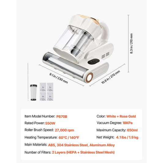 SucceBuy Mattress Vacuum Cleaner w/ 18Kpa Powerful Suction Dual Dust Bin HEPA Filter & Heating Ultrasound Handheld for Bed Sofa