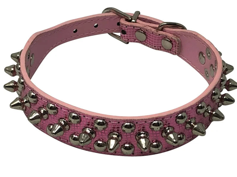 Adjustable Faux Leather Dog Collar With Studded Spikes And Rivets