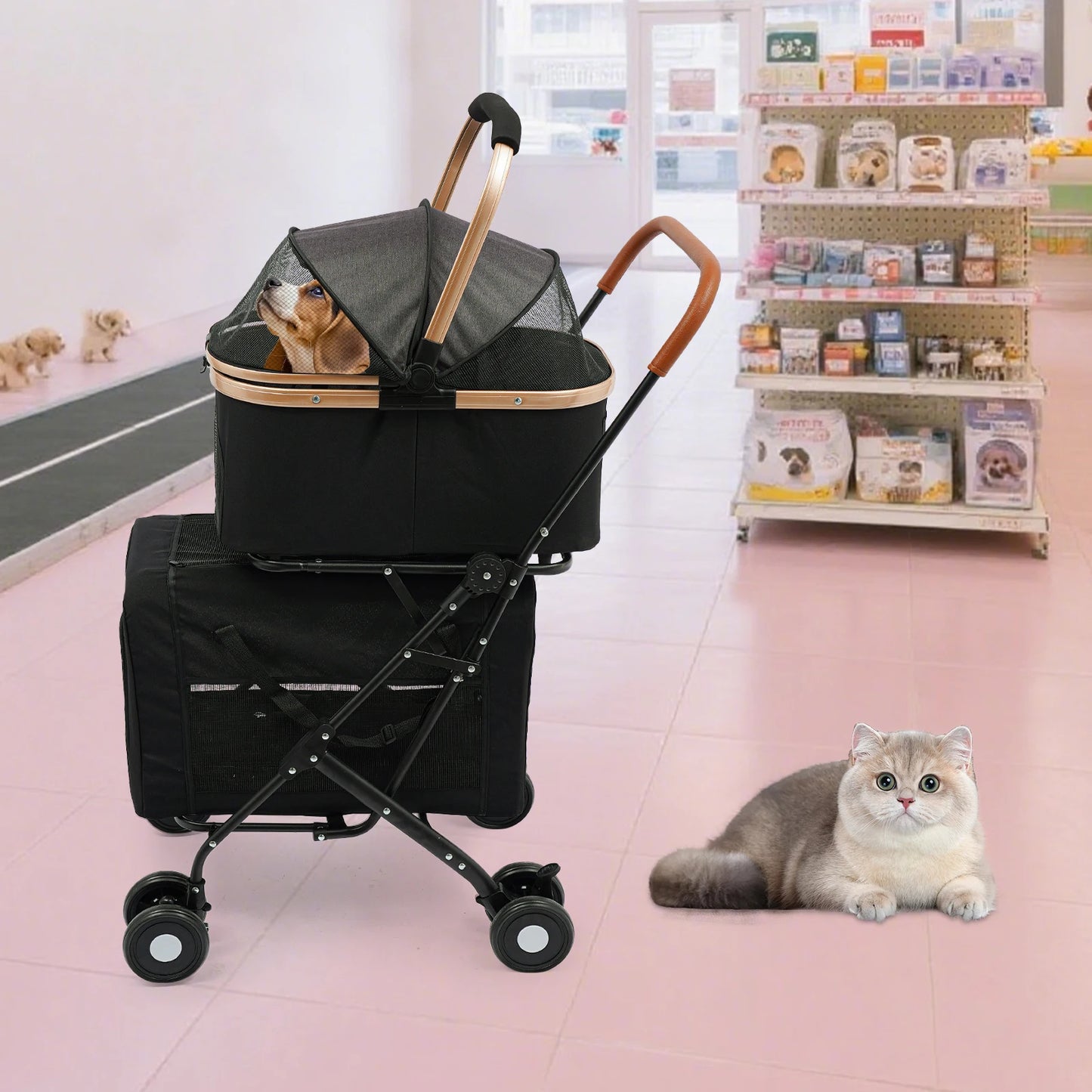 Dog and Cat Stroller Foldable Pet Stroller for Small and Medium Dogs 2 Tiers 35kg Load-Capacity for Traveling/Shopping