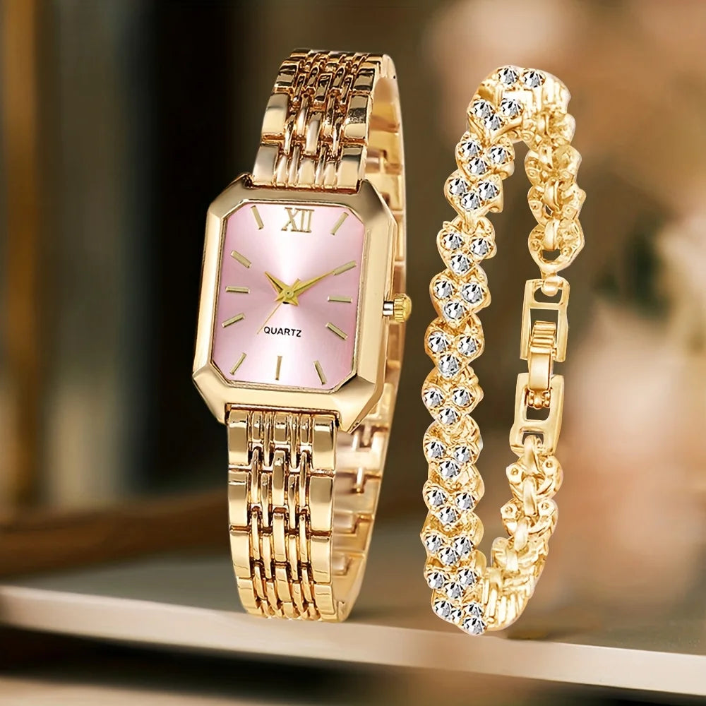 Two Piece Rectangle Women Quartz Watch With Rhinestone Bracelet Set
