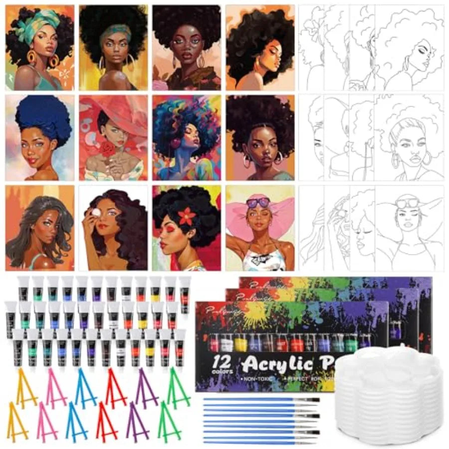 108 Pcs 12 Set Sip and Paint Kit for Adults 8''x10'' Pre Drawn Canvas to Paint DIY Acrylic Painting Kit Pre Printed Canvas for