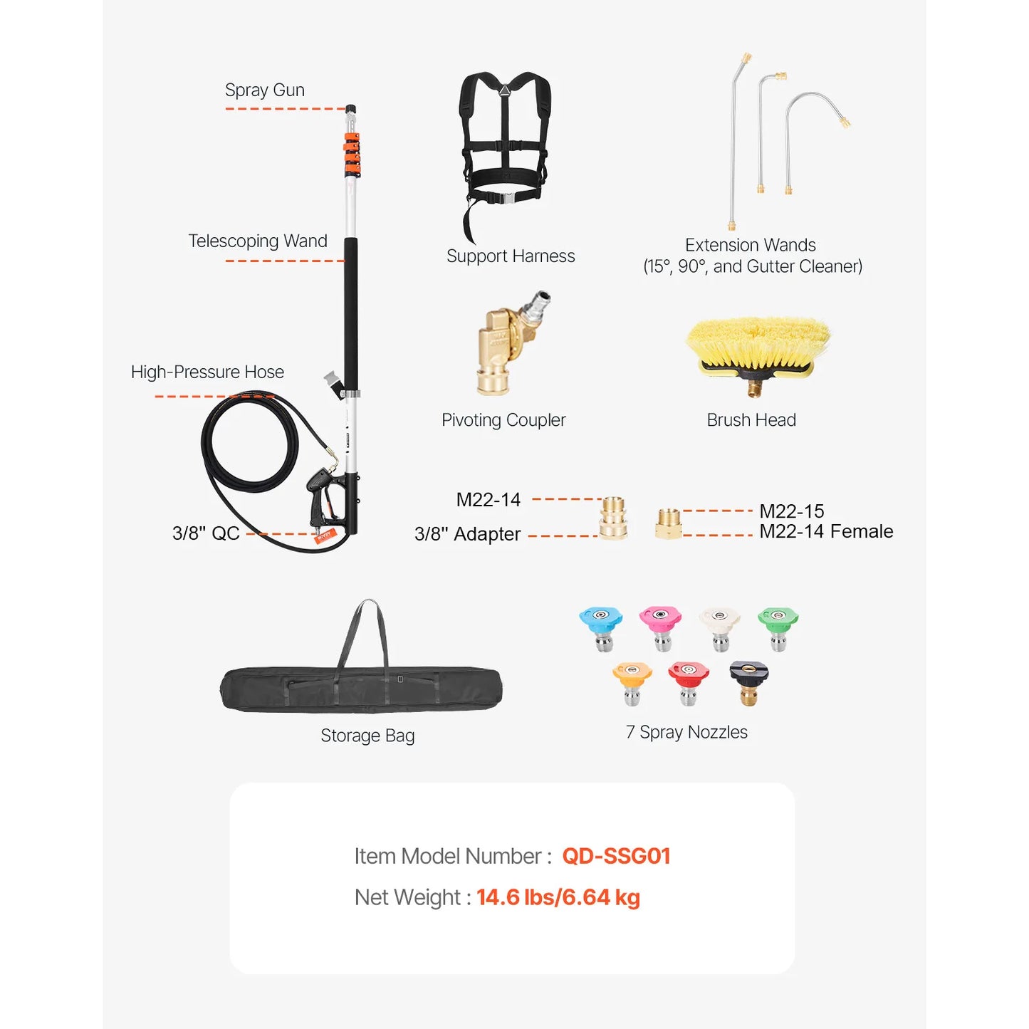 VEVOR Pressure Washer Telescoping Wand 21 ft 4000 psi Telescopic Spray Wand with Power Washer Extension Wands 7 Spray Nozzle