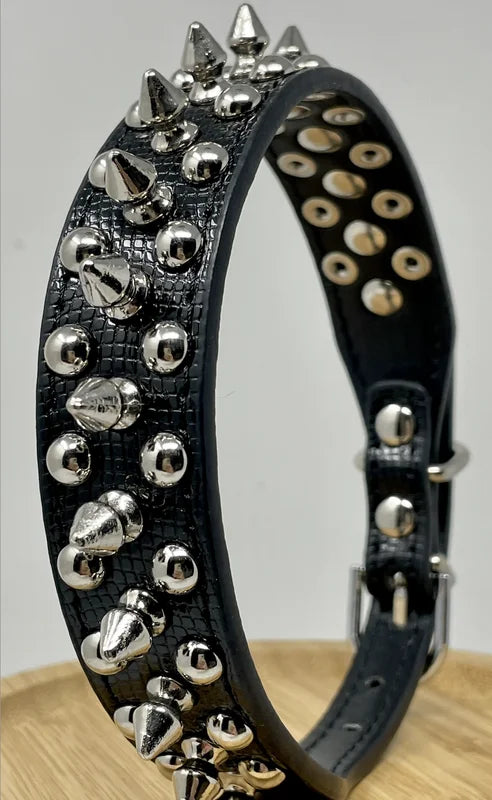 Adjustable Faux Leather Dog Collar With Studded Spikes And Rivets
