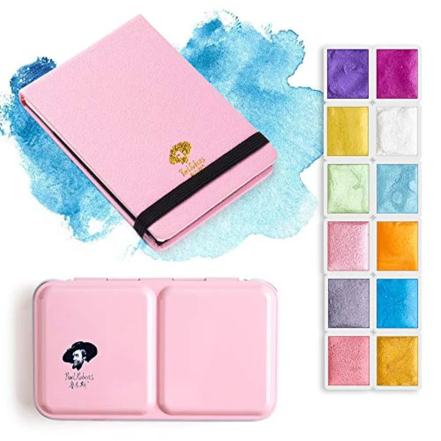 Watercolor Paint Artist Grade 24 Colors, Metallic Glitter Watercolor Paints Set Solid Cakes with Palette and Watercolor Journal